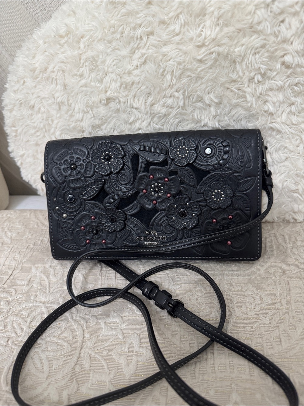 Coach Black Fold Over Tea Rose Crossbody